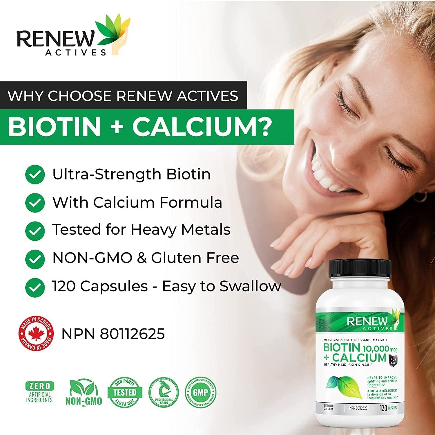 Renew Actives New Biotin & Calcium 10000mcg Supplement - for Healthy Hair Skin & Nails